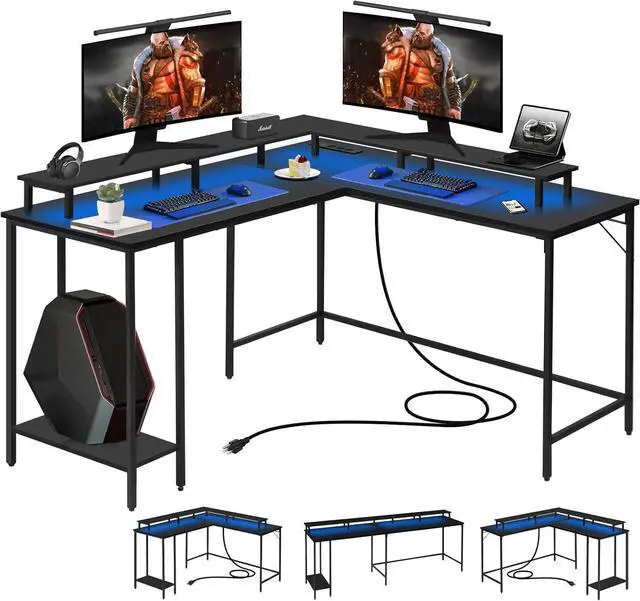 Main image of Panana 53.5" L Shaped Computer Desk Gaming Desk with LED Lights and Power Outlets, Reversible L Shaped Corner Desk with Monitor Stand, Home Office Desk with Shelf and USB Port (Black)