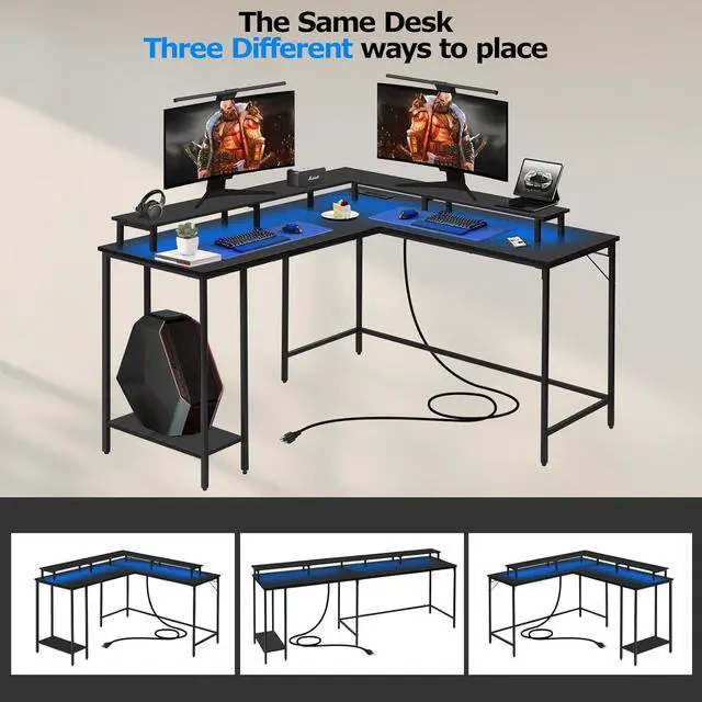 Alt view image 7 of 7 - Panana 53.5" L Shaped Computer Desk Gaming Desk with LED Lights and Power Outlets, Reversible L Shaped Corner Desk with Monitor Stand, Home Office Desk with Shelf and USB Port (Black)