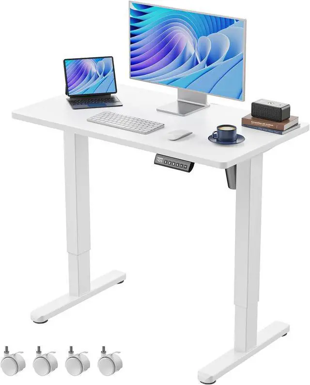 Main image of HUANUO Electric Small Standing Desk, 35" x 20" Whole Piece Desktop, Adjustable Height Computer Desk, 4 Height Memory Settings, Sit Stand Up Desk for Home Office, White