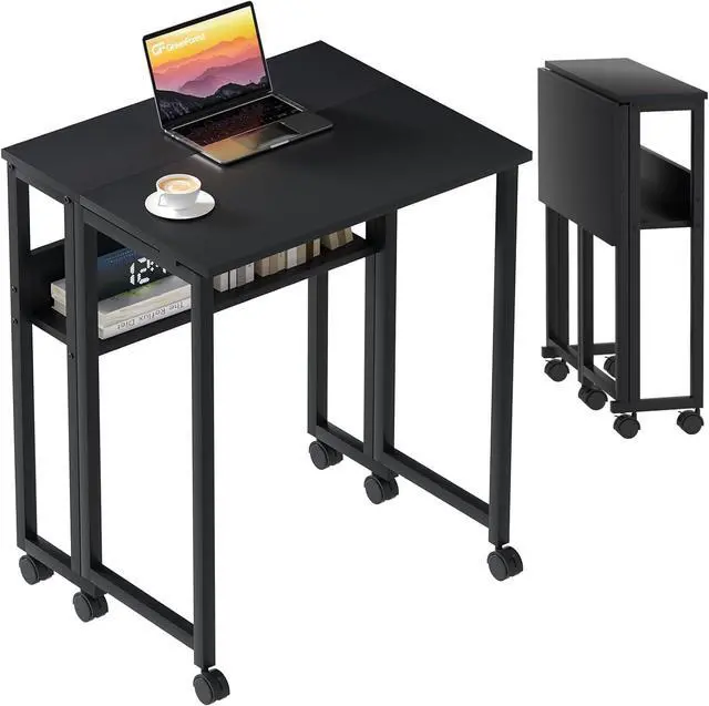 Main image of GreenForest Folding Desk Small Rolling Desk with Storage Shelf,24.8 inch Foldable Computer Desk with Wheels for Small Space,Easy Assembly,Black