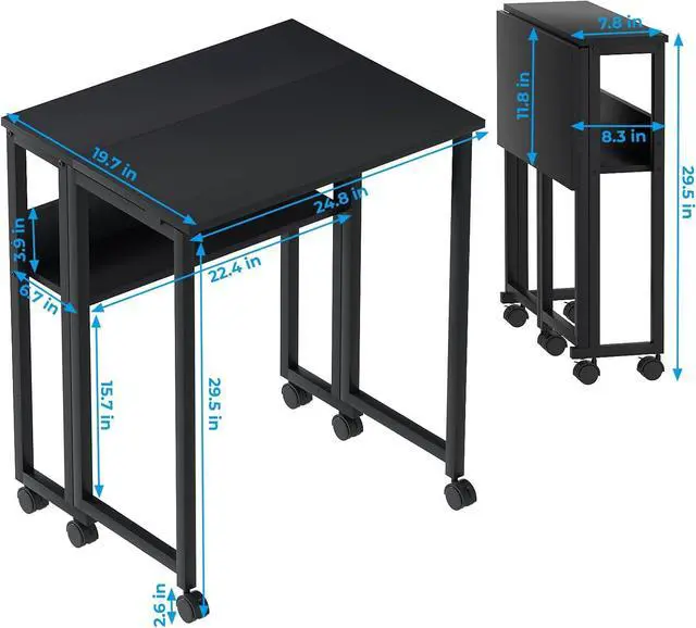 Alt view image 3 of 7 - GreenForest Folding Desk Small Rolling Desk with Storage Shelf,24.8 inch Foldable Computer Desk with Wheels for Small Space,Easy Assembly,Black