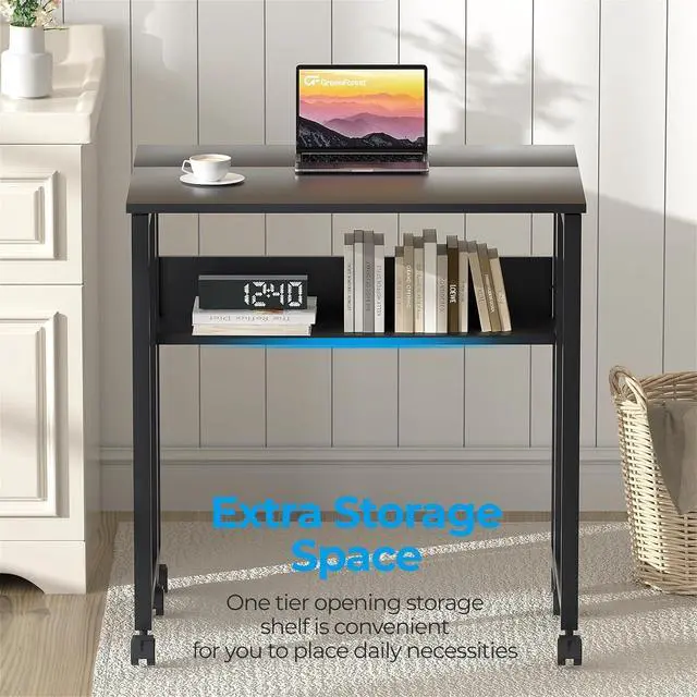 Alt view image 5 of 7 - GreenForest Folding Desk Small Rolling Desk with Storage Shelf,24.8 inch Foldable Computer Desk with Wheels for Small Space,Easy Assembly,Black