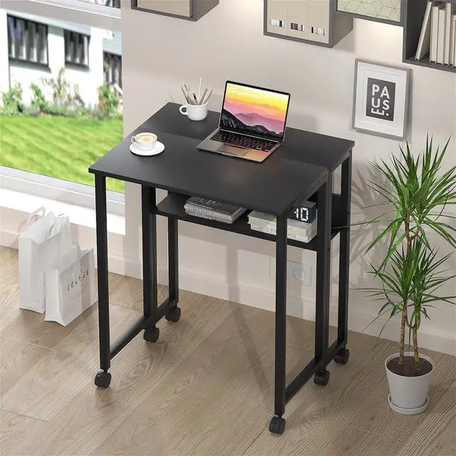 Alt view image 7 of 7 - GreenForest Folding Desk Small Rolling Desk with Storage Shelf,24.8 inch Foldable Computer Desk with Wheels for Small Space,Easy Assembly,Black