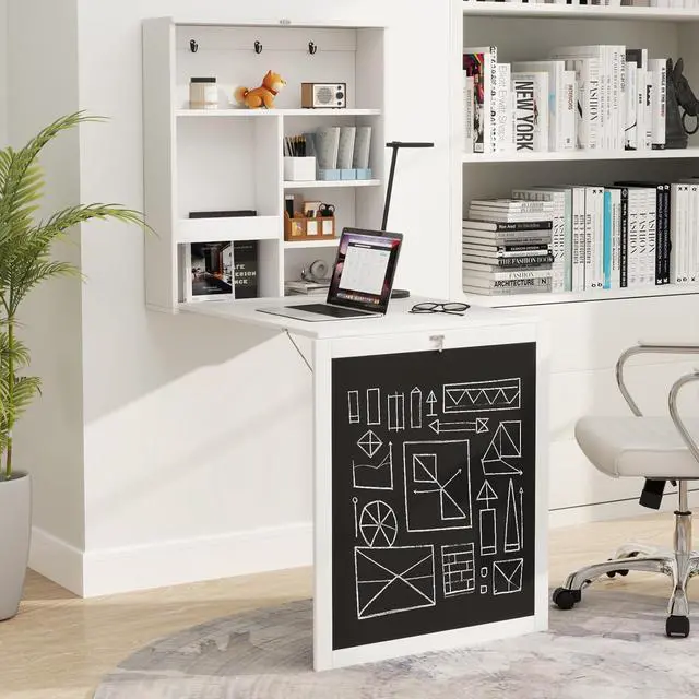 Alt view image 2 of 7 - Tangkula Foldable Wall-Mounted Desk, Floating Desk with Chalkboard, Storage Shelves & Hooks, Space-Saving Murphy Table for Home Office, Bedroom, Dorm Room, Small Spaces