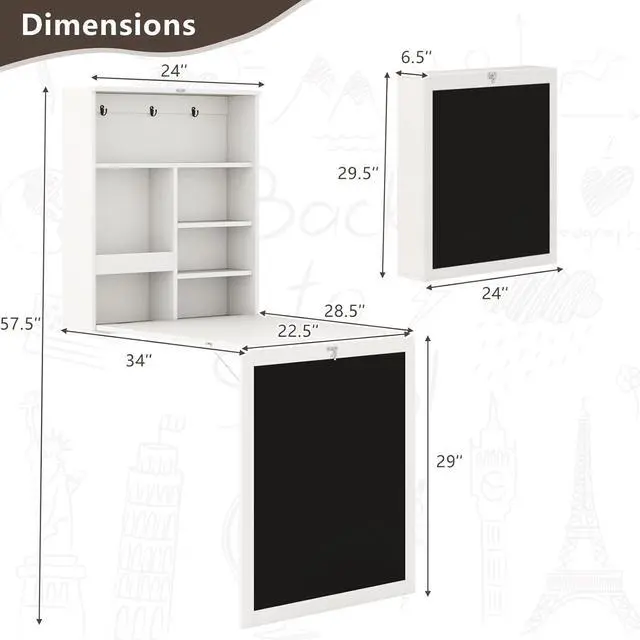 Alt view image 3 of 7 - Tangkula Foldable Wall-Mounted Desk, Floating Desk with Chalkboard, Storage Shelves & Hooks, Space-Saving Murphy Table for Home Office, Bedroom, Dorm Room, Small Spaces
