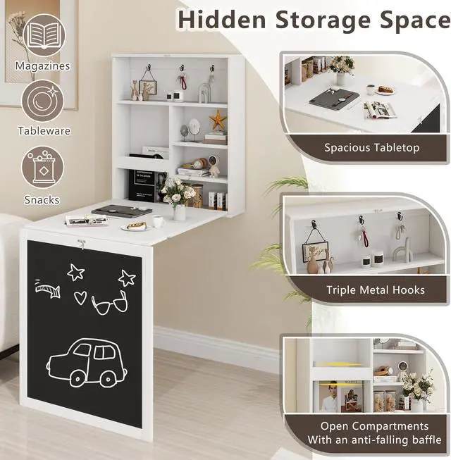 Alt view image 4 of 7 - Tangkula Foldable Wall-Mounted Desk, Floating Desk with Chalkboard, Storage Shelves & Hooks, Space-Saving Murphy Table for Home Office, Bedroom, Dorm Room, Small Spaces