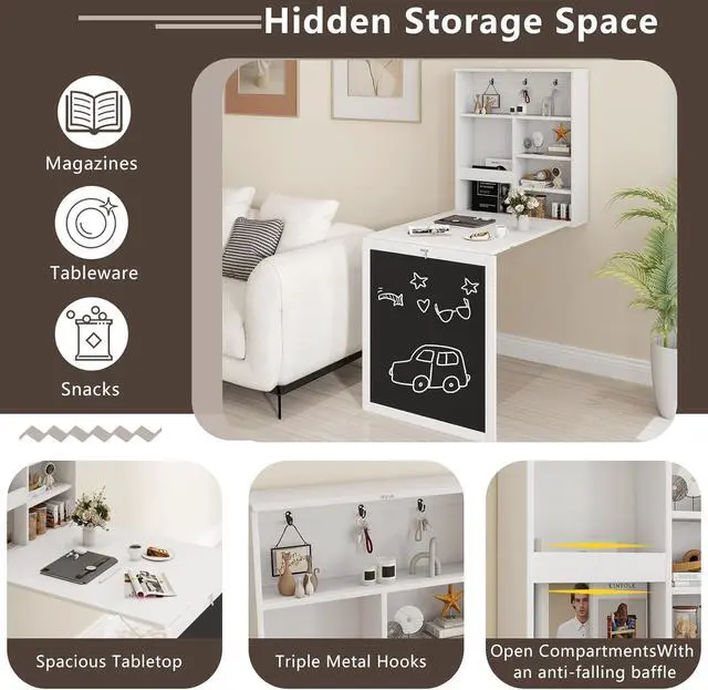 Alt view image 6 of 7 - Tangkula Foldable Wall-Mounted Desk, Floating Desk with Chalkboard, Storage Shelves & Hooks, Space-Saving Murphy Table for Home Office, Bedroom, Dorm Room, Small Spaces