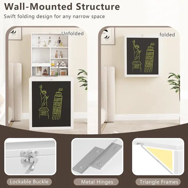 Alt view image 7 of 7 - Tangkula Foldable Wall-Mounted Desk, Floating Desk with Chalkboard, Storage Shelves & Hooks, Space-Saving Murphy Table for Home Office, Bedroom, Dorm Room, Small Spaces
