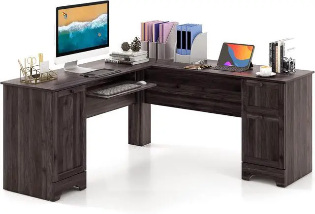 Main image of Tangkula L-Shaped Office Desk with Storage Drawers & Keyboard Tray, Home Office Corner Computer Desk with Cabinet & Inner Adjustable Shelf, Space-Saving Study Writing Desk, Computer Workstation