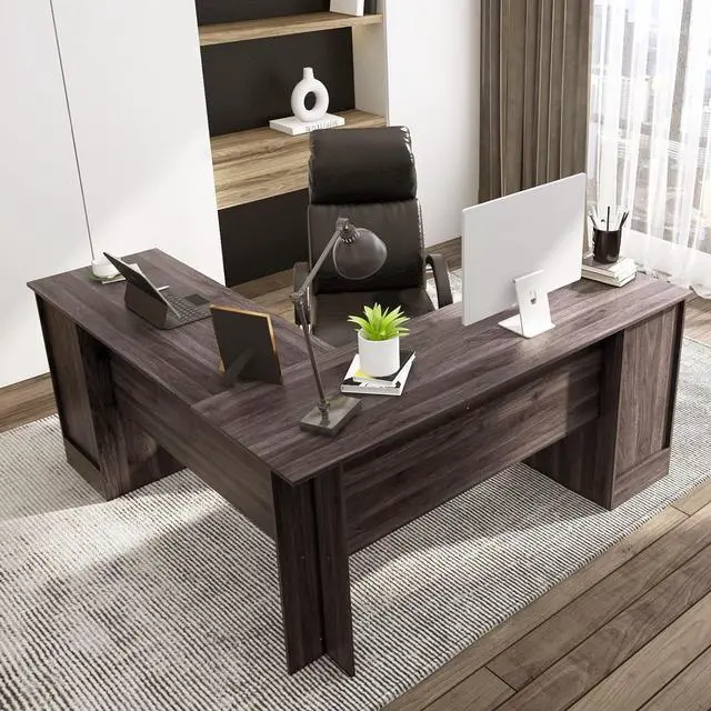 Alt view image 2 of 7 - Tangkula L-Shaped Office Desk with Storage Drawers & Keyboard Tray, Home Office Corner Computer Desk with Cabinet & Inner Adjustable Shelf, Space-Saving Study Writing Desk, Computer Workstation
