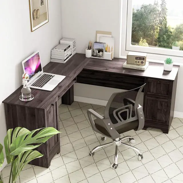Alt view image 4 of 7 - Tangkula L-Shaped Office Desk with Storage Drawers & Keyboard Tray, Home Office Corner Computer Desk with Cabinet & Inner Adjustable Shelf, Space-Saving Study Writing Desk, Computer Workstation