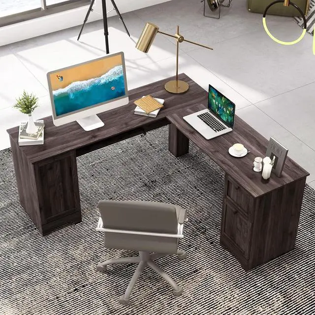 Alt view image 5 of 7 - Tangkula L-Shaped Office Desk with Storage Drawers & Keyboard Tray, Home Office Corner Computer Desk with Cabinet & Inner Adjustable Shelf, Space-Saving Study Writing Desk, Computer Workstation