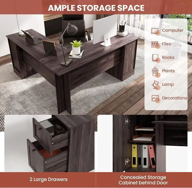 Alt view image 6 of 7 - Tangkula L-Shaped Office Desk with Storage Drawers & Keyboard Tray, Home Office Corner Computer Desk with Cabinet & Inner Adjustable Shelf, Space-Saving Study Writing Desk, Computer Workstation