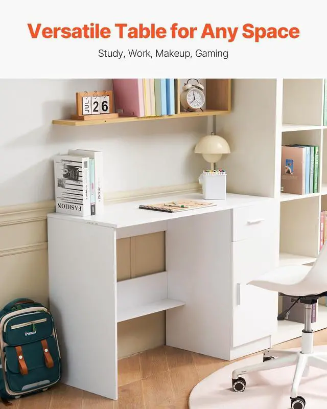 Alt view image 4 of 7 - VEVOR Small Desk with Drawers, Wooden Table for Home Office, Small Computer Desk with Storage, Vanity Desk with Drawers, Study Table for Adults/Students for Drawing, Reading, Writing, White