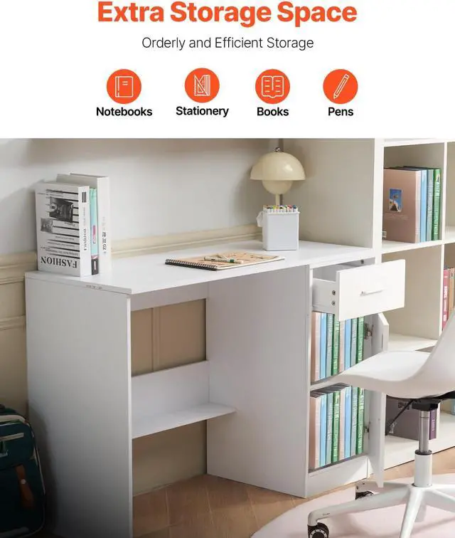 Alt view image 6 of 7 - VEVOR Small Desk with Drawers, Wooden Table for Home Office, Small Computer Desk with Storage, Vanity Desk with Drawers, Study Table for Adults/Students for Drawing, Reading, Writing, White