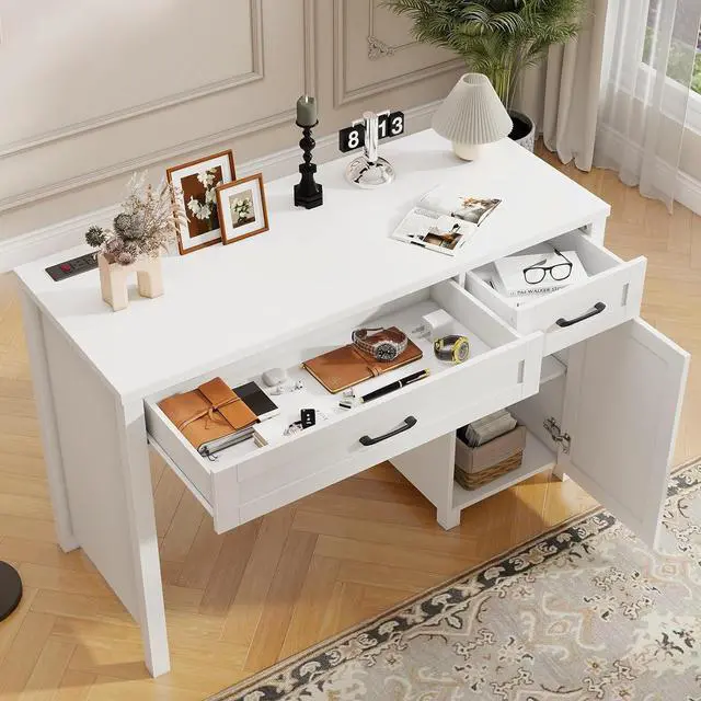 Alt view image 5 of 7 - Farmhouse 47" Executive Desk, Computer Desk with Drawers and Storage Cabinet, Workstation Computer Desk for Home Office and Study.(Cream White)