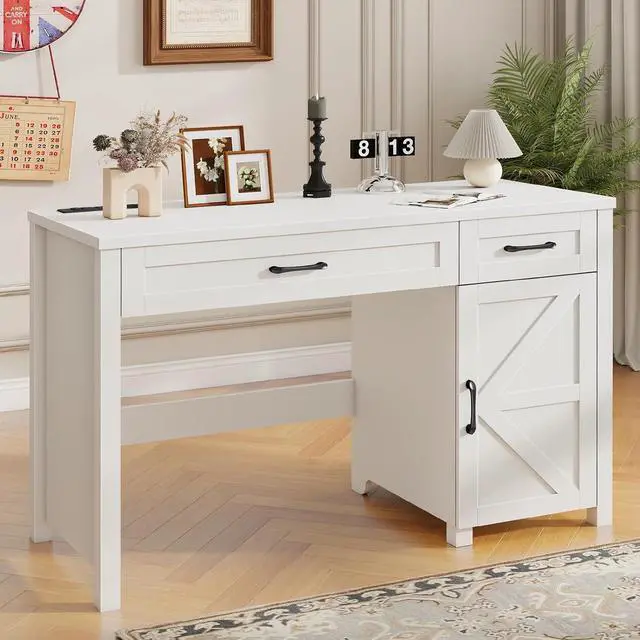 Alt view image 6 of 7 - Farmhouse 47" Executive Desk, Computer Desk with Drawers and Storage Cabinet, Workstation Computer Desk for Home Office and Study.(Cream White)