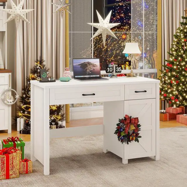 Alt view image 7 of 7 - Farmhouse 47" Executive Desk, Computer Desk with Drawers and Storage Cabinet, Workstation Computer Desk for Home Office and Study.(Cream White)
