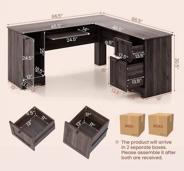 Alt view image 3 of 7 - Tangkula L-Shaped Office Desk with Storage Drawers & Keyboard Tray, Home Office Corner Computer Desk with Cabinet & Inner Adjustable Shelf, Space-Saving Study Writing Desk, Computer Workstation