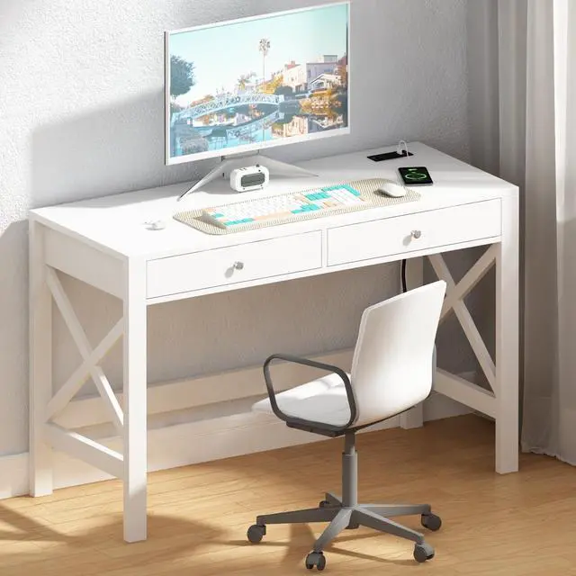 Main image of ChooChoo Computer Desk with USB Charging Ports and Power Outlets, 39" White Desk with Drawers, Small Study Writing Table with Stable X Frame for Home Office