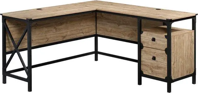 Main image of Sauder Steel River Rustic Industrial Style L-Shaped Corner Desk with Drawers and Storage Shelf, Coated Metal and Milled Mesquite finish