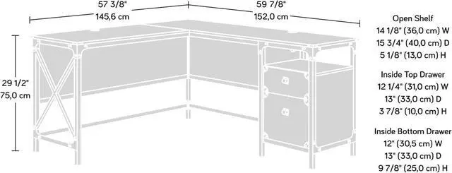 Alt view image 3 of 7 - Sauder Steel River Rustic Industrial Style L-Shaped Corner Desk with Drawers and Storage Shelf, Coated Metal and Milled Mesquite finish