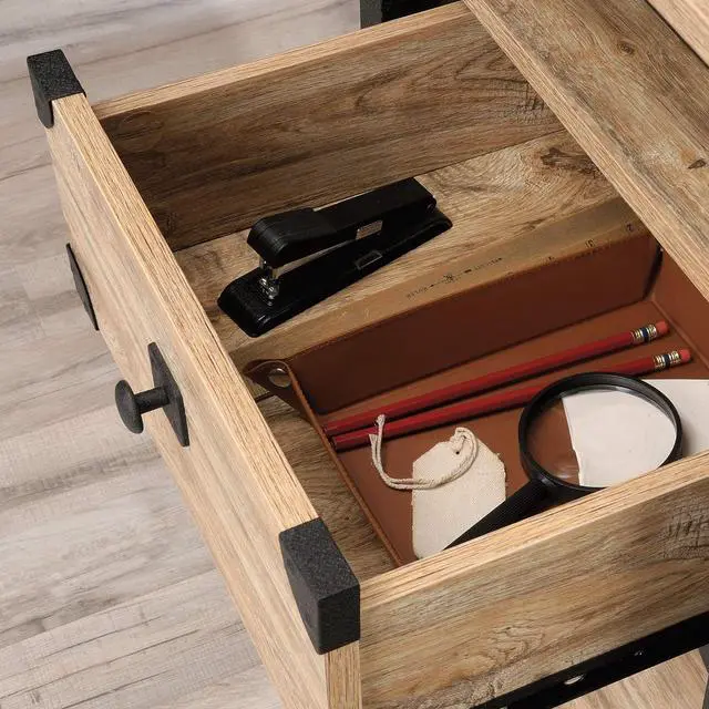 Alt view image 4 of 7 - Sauder Steel River Rustic Industrial Style L-Shaped Corner Desk with Drawers and Storage Shelf, Coated Metal and Milled Mesquite finish