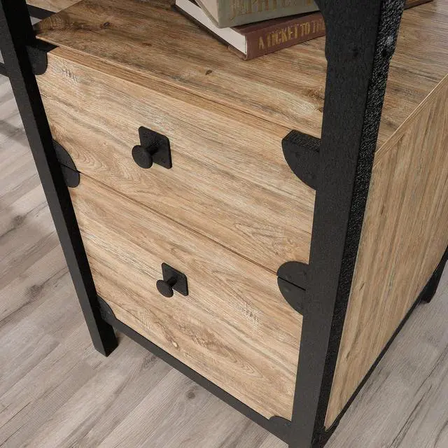 Alt view image 5 of 7 - Sauder Steel River Rustic Industrial Style L-Shaped Corner Desk with Drawers and Storage Shelf, Coated Metal and Milled Mesquite finish