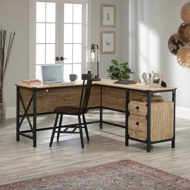 Alt view image 6 of 7 - Sauder Steel River Rustic Industrial Style L-Shaped Corner Desk with Drawers and Storage Shelf, Coated Metal and Milled Mesquite finish