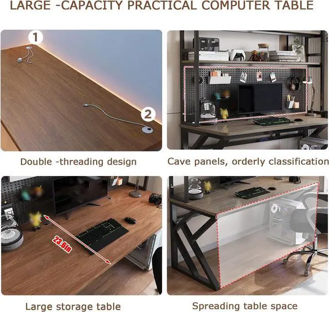 Alt view image 3 of 7 - 31.4in Gaming Desk with Bookshelf Combo, Computer Desk with Pegboard, Large Writing Table with Desktop Shelves, Ample Leg Room, for Home Office (Brown, 31.4in)