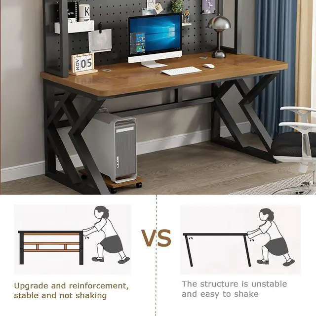 Alt view image 7 of 7 - 31.4in Gaming Desk with Bookshelf Combo, Computer Desk with Pegboard, Large Writing Table with Desktop Shelves, Ample Leg Room, for Home Office (Brown, 31.4in)