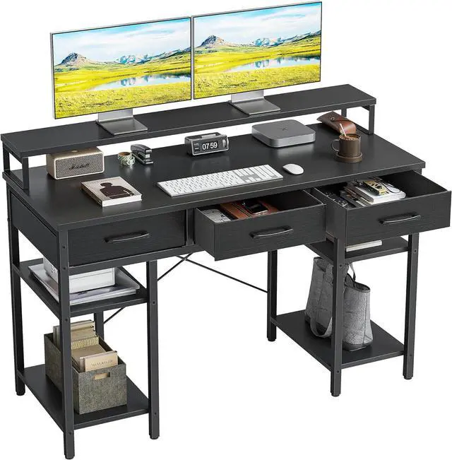Main image of CubiCubi 47 Inch Computer Desk with 3 Drawers and Storage Shelves, Small Home Office Desk with Monitor Stand, Study Writing Table for Bedroom, Black