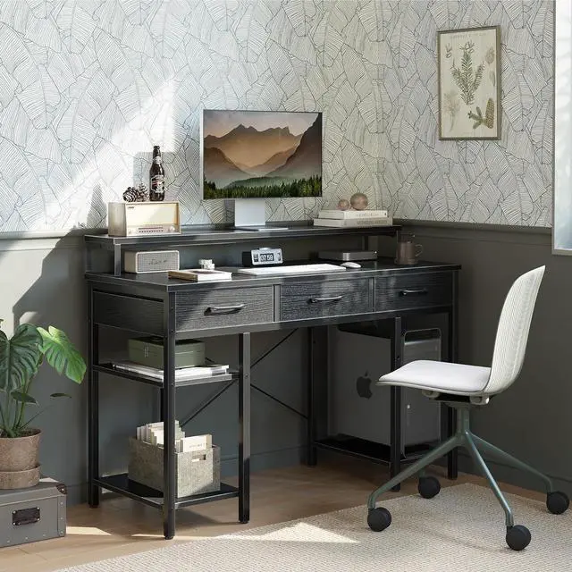 Alt view image 2 of 7 - CubiCubi 47 Inch Computer Desk with 3 Drawers and Storage Shelves, Small Home Office Desk with Monitor Stand, Study Writing Table for Bedroom, Black