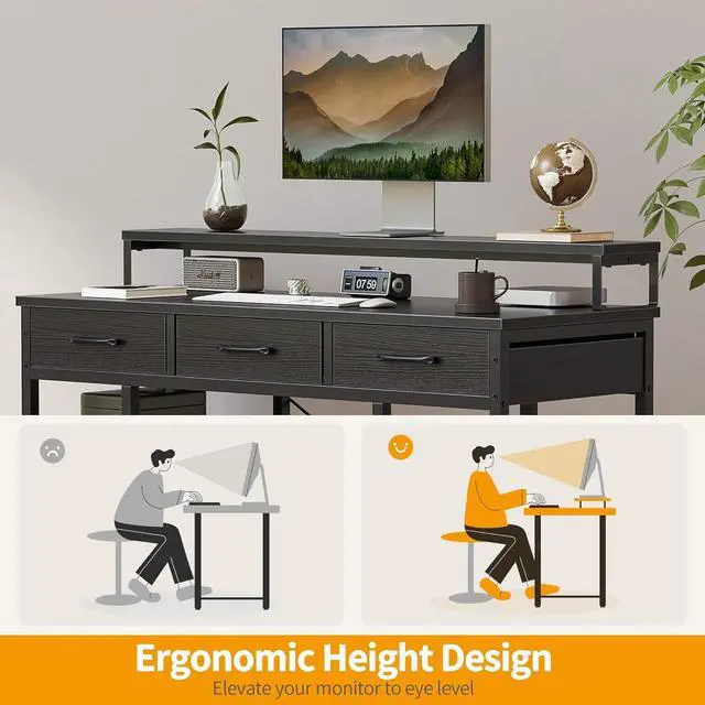 Alt view image 4 of 7 - CubiCubi 47 Inch Computer Desk with 3 Drawers and Storage Shelves, Small Home Office Desk with Monitor Stand, Study Writing Table for Bedroom, Black