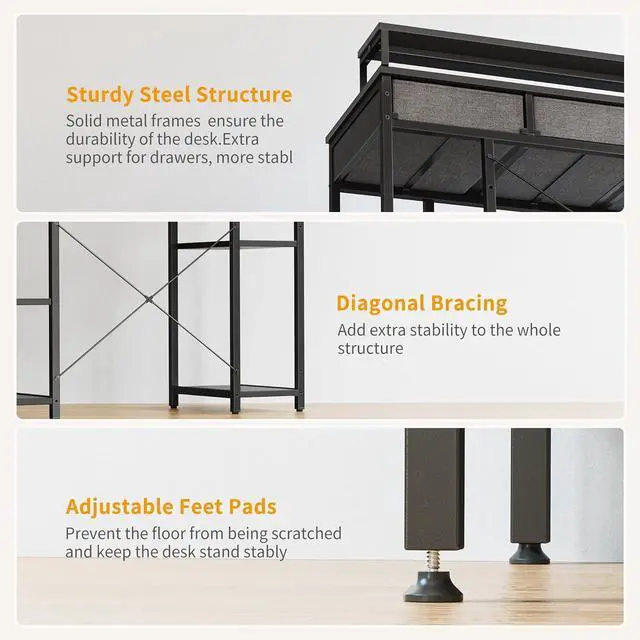 Alt view image 5 of 7 - CubiCubi 47 Inch Computer Desk with 3 Drawers and Storage Shelves, Small Home Office Desk with Monitor Stand, Study Writing Table for Bedroom, Black