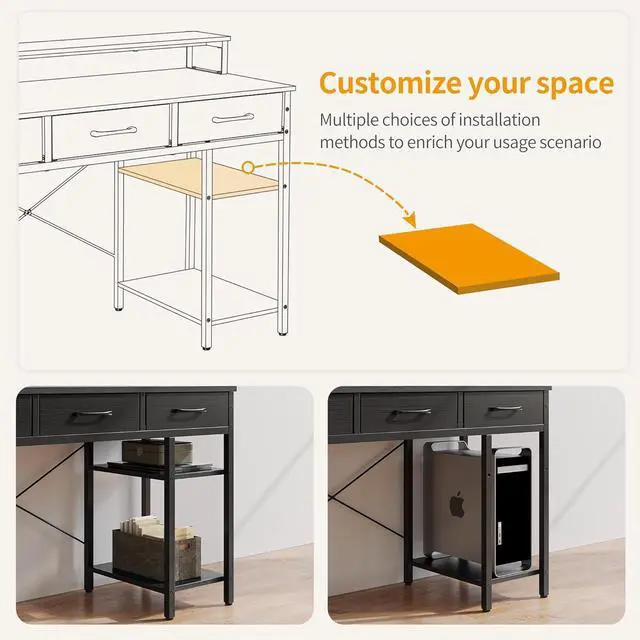 Alt view image 7 of 7 - CubiCubi 47 Inch Computer Desk with 3 Drawers and Storage Shelves, Small Home Office Desk with Monitor Stand, Study Writing Table for Bedroom, Black