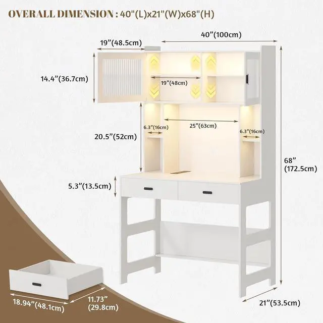 Alt view image 2 of 7 - Vlsrka Home Office Desk with Hutch and Drawers, 40" Computer Desk with Storage Shelves and LED Lights, Modern Wooden Writing Study Table with Charging Station for Bedroom, White