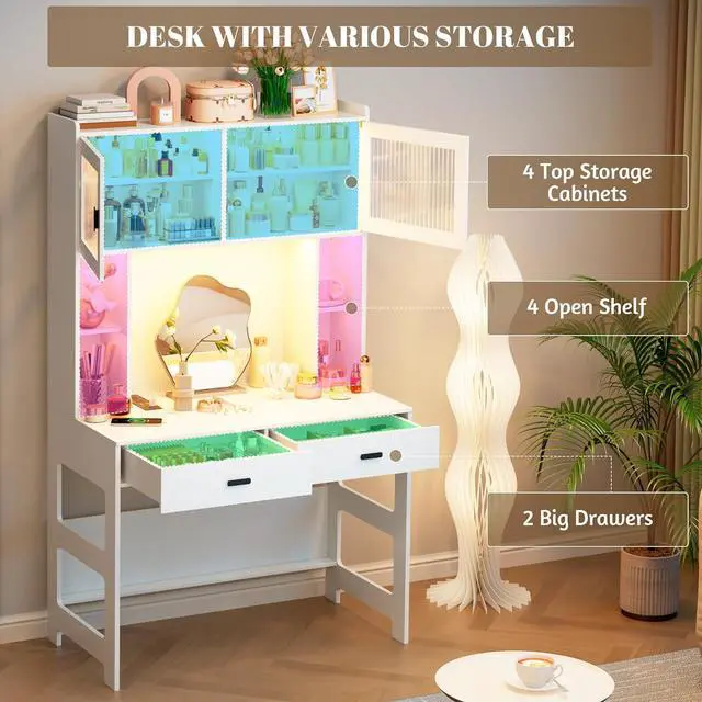 Alt view image 3 of 7 - Vlsrka Home Office Desk with Hutch and Drawers, 40" Computer Desk with Storage Shelves and LED Lights, Modern Wooden Writing Study Table with Charging Station for Bedroom, White