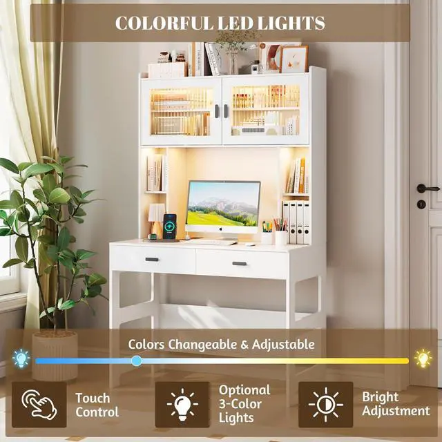 Alt view image 4 of 7 - Vlsrka Home Office Desk with Hutch and Drawers, 40" Computer Desk with Storage Shelves and LED Lights, Modern Wooden Writing Study Table with Charging Station for Bedroom, White