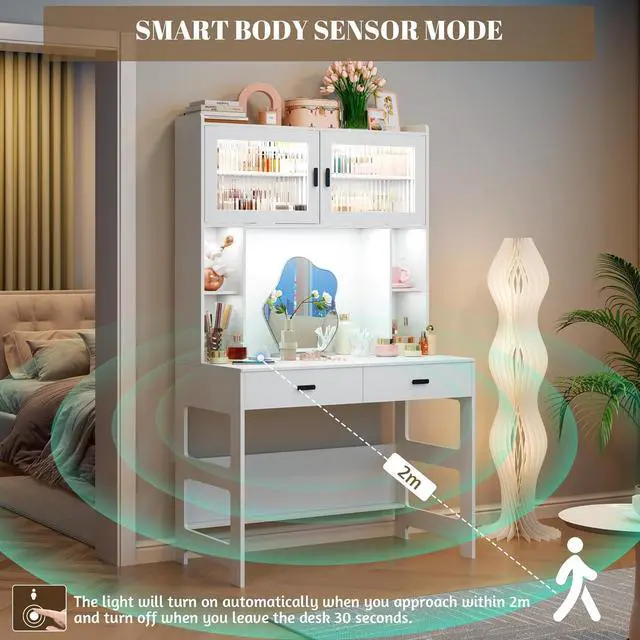 Alt view image 5 of 7 - Vlsrka Home Office Desk with Hutch and Drawers, 40" Computer Desk with Storage Shelves and LED Lights, Modern Wooden Writing Study Table with Charging Station for Bedroom, White