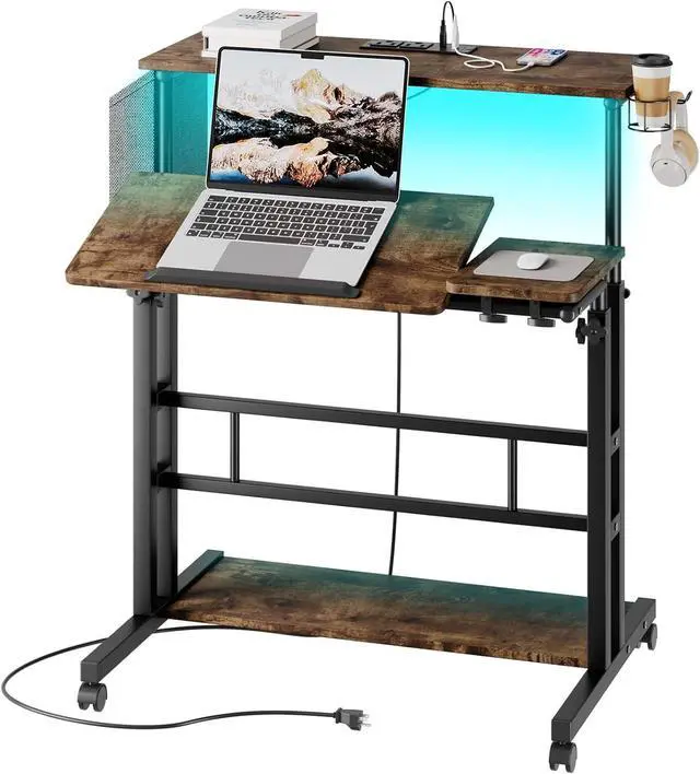 Main image of Dripex Mobile Standing Desk with Power Outlets & Strip Lights, Rolling Computer Table with Cup Holder, Hook, Storage Bag, Adjustable Height Desk, Small Standing Desk Drawing Desk