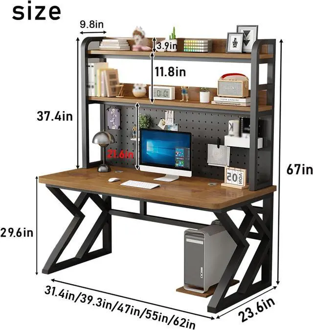 Alt view image 2 of 7 - 31.4in Gaming Desk with Bookshelf Combo, Computer Desk with Pegboard, Large Writing Table with Desktop Shelves, Ample Leg Room, for Home Office (Brown, 31.4in)