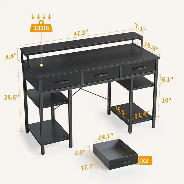 Alt view image 3 of 7 - CubiCubi 47 Inch Computer Desk with 3 Drawers and Storage Shelves, Small Home Office Desk with Monitor Stand, Study Writing Table for Bedroom, Black
