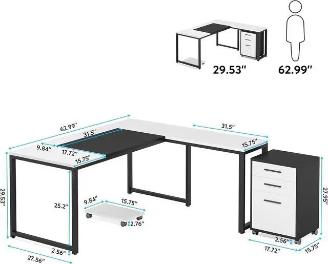 Alt view image 2 of 7 - Tribesigns 63" L-Shaped Computer Desk with Mobile File Cabinet, Large Executive Office Desk with 3-Drawer Vertical Filing Cabinet, Business Furniture Sets for Home Office