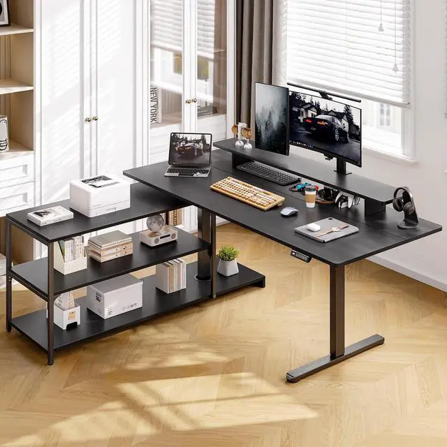Main image of L Shaped Standing Desk with File Cabinet, 63x24'' Electric Stand Up Desk with Monitor and Storage Shelf, Adjustable Height 28-46'' for Home and Computer Workstation, Black