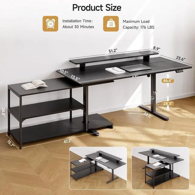 Alt view image 2 of 7 - L Shaped Standing Desk with File Cabinet, 63x24'' Electric Stand Up Desk with Monitor and Storage Shelf, Adjustable Height 28-46'' for Home and Computer Workstation, Black
