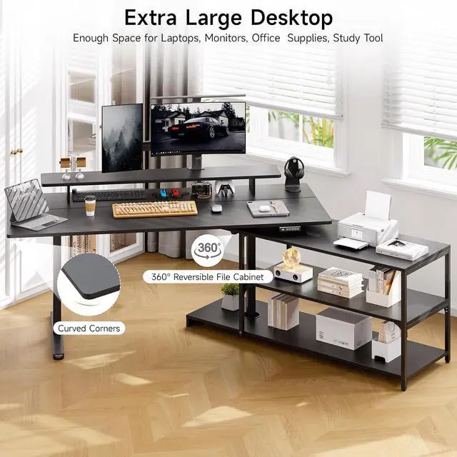 Alt view image 3 of 7 - L Shaped Standing Desk with File Cabinet, 63x24'' Electric Stand Up Desk with Monitor and Storage Shelf, Adjustable Height 28-46'' for Home and Computer Workstation, Black