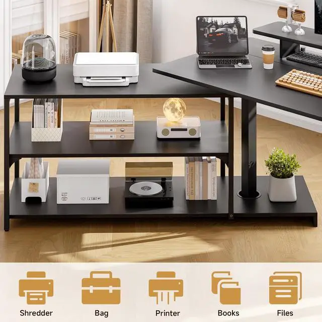 Alt view image 4 of 7 - L Shaped Standing Desk with File Cabinet, 63x24'' Electric Stand Up Desk with Monitor and Storage Shelf, Adjustable Height 28-46'' for Home and Computer Workstation, Black