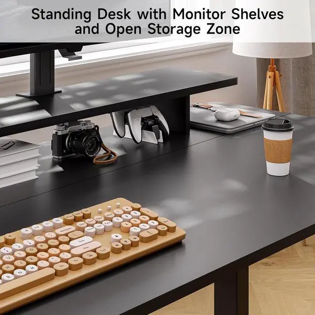 Alt view image 5 of 7 - L Shaped Standing Desk with File Cabinet, 63x24'' Electric Stand Up Desk with Monitor and Storage Shelf, Adjustable Height 28-46'' for Home and Computer Workstation, Black