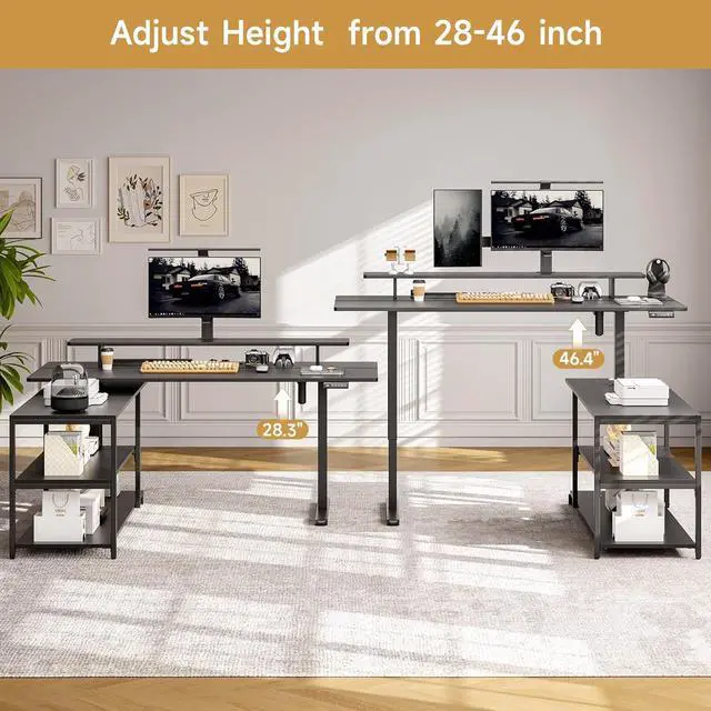 Alt view image 6 of 7 - L Shaped Standing Desk with File Cabinet, 63x24'' Electric Stand Up Desk with Monitor and Storage Shelf, Adjustable Height 28-46'' for Home and Computer Workstation, Black